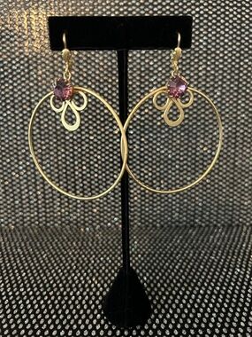 Gold Hoop Earrings with Purple Stone Accent - Women Jewelry